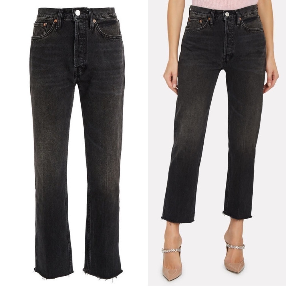 RE/DONE- 70s High Rise Stovepipe Distressed Frayed Hem Jeans in Aged Black